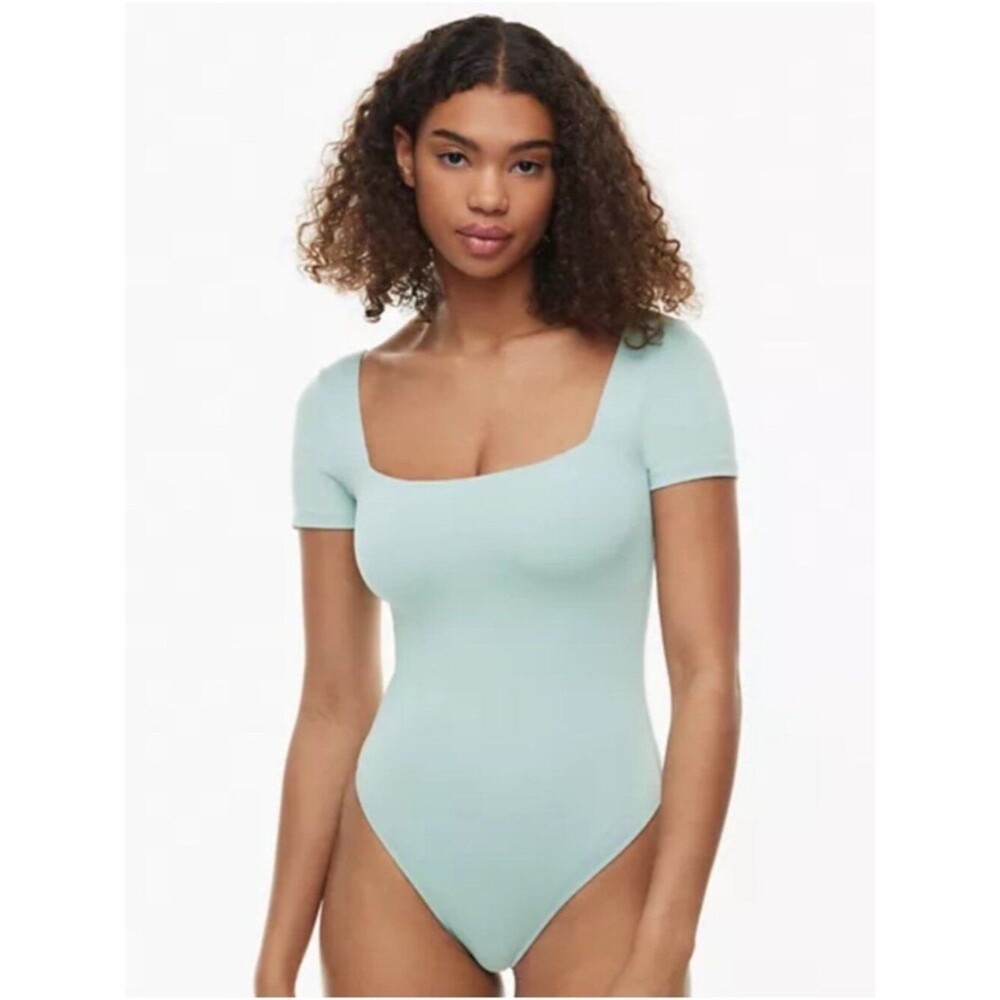 Aritzia Babaton Bodysuit Mint Green Contour Manner Square Neck Short Sleeve XS